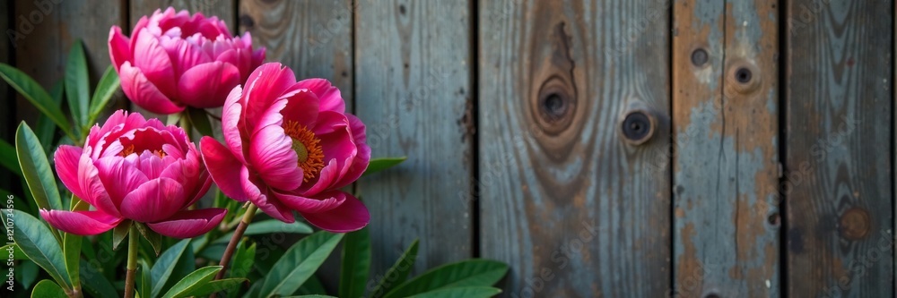 Bright pink peony blooms against a rustic wooden background, flowering plants, botanicals, garden flowers Bright pink peony blooms against a rustic wooden background, flowering plants, botanicals, garden flowers