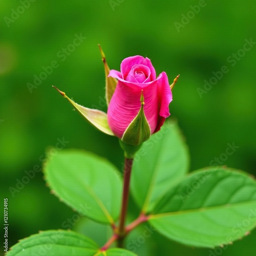 Delicate rose bud unfolding on a lush green leaf background, serenity, nature, wildlife