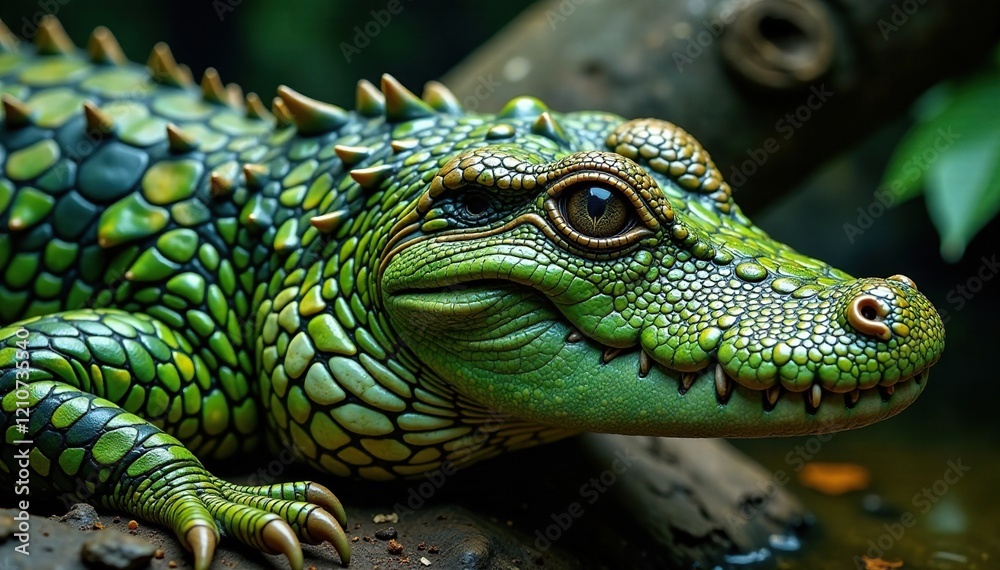 Fototapeta premium Swirling scales in mossy green and rough brown hues, abstract, jungle, alligator