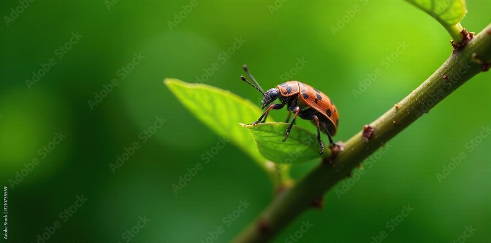 Brown shield bug crawling on a leafy green branch, nature, wildlife, branches Brown shield bug crawling on a leafy green branch, nature, wildlife, branches