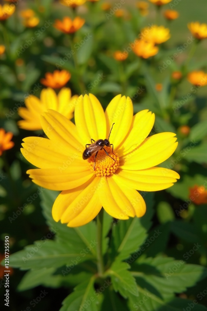 Yellow flower with brown and orange insect in the background, blooming flowers, flower arrangement, sunlight Yellow flower with brown and orange insect in the background, blooming flowers, flower arrangement, sunlight