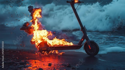 Electric Scooter on Fire by Stormy Beach at Sunset