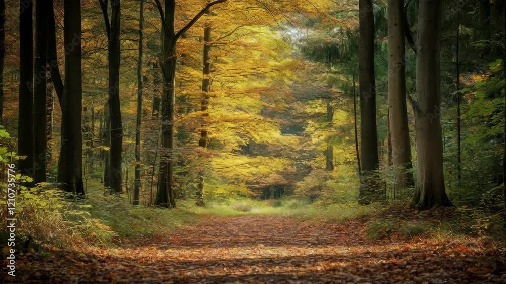Autumn forest pathway with sunlit leaves and tranquil atmosphere Autumn forest pathway with sunlit leaves and tranquil atmosphere