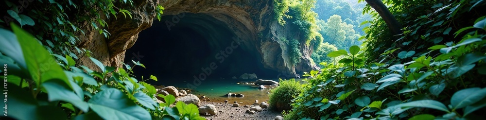 Obraz premium Dense foliage covering a hidden cave entrance, wild, nature