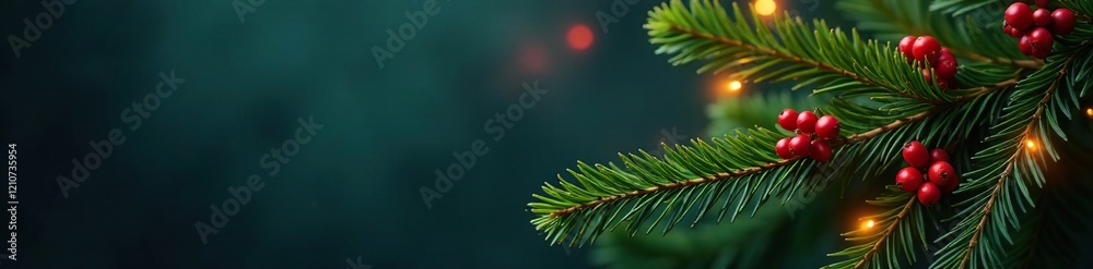 Fototapeta premium Evergreen branch with colorful holiday lights and berries, berry embellishments,