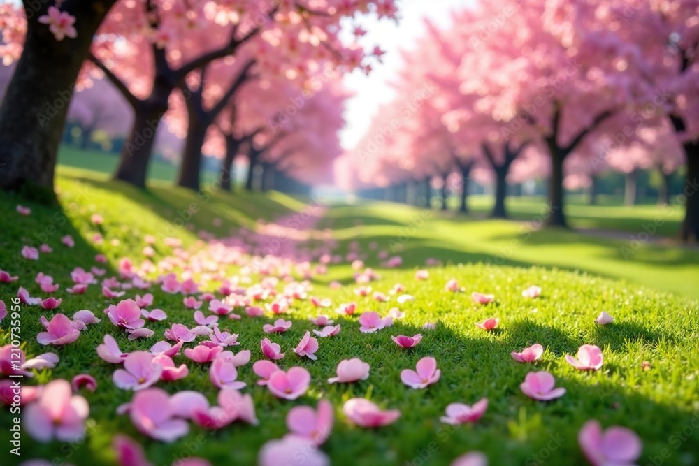 delicate cherry blossom petals scattered on a grassy hillside, blossoming trees, spring blossoms, garden scene delicate cherry blossom petals scattered on a grassy hillside, blossoming trees, spring blossoms, garden scene