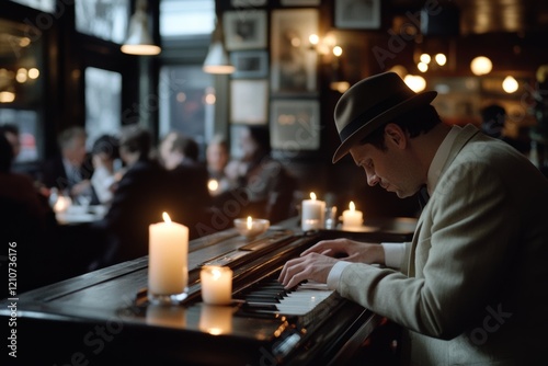 In a cozy, dimly-lit café, a man in a hat plays the piano, surrounded by the warmth of candlelight and the soft hum of evening conversations. photo