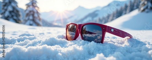 Snowy landscape with sunglasses buried in the powder snow, frost, avalanche, sunglasses