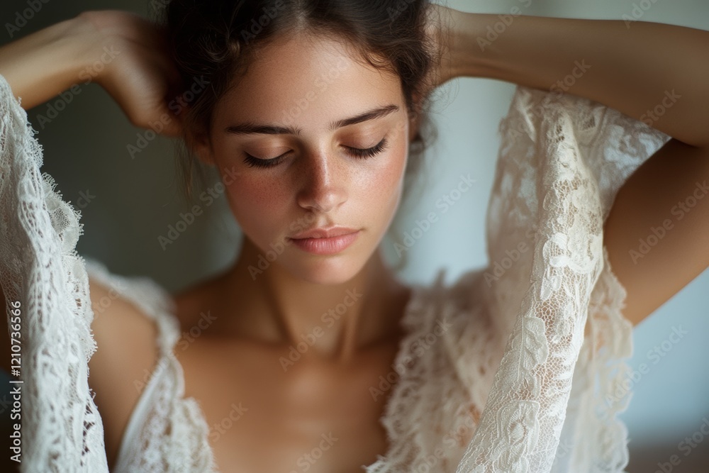 A woman in delicate lace with serene expression radiates tranquility and grace, captured in soft, diffused lighting that highlights her gentle aura. A woman in delicate lace with serene expression radiates tranquility and grace, captured in soft, diffused lighting that highlights her gentle aura.