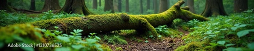 A forest floor scene with a moss-covered fallen tree and ferns, forest floor, trees