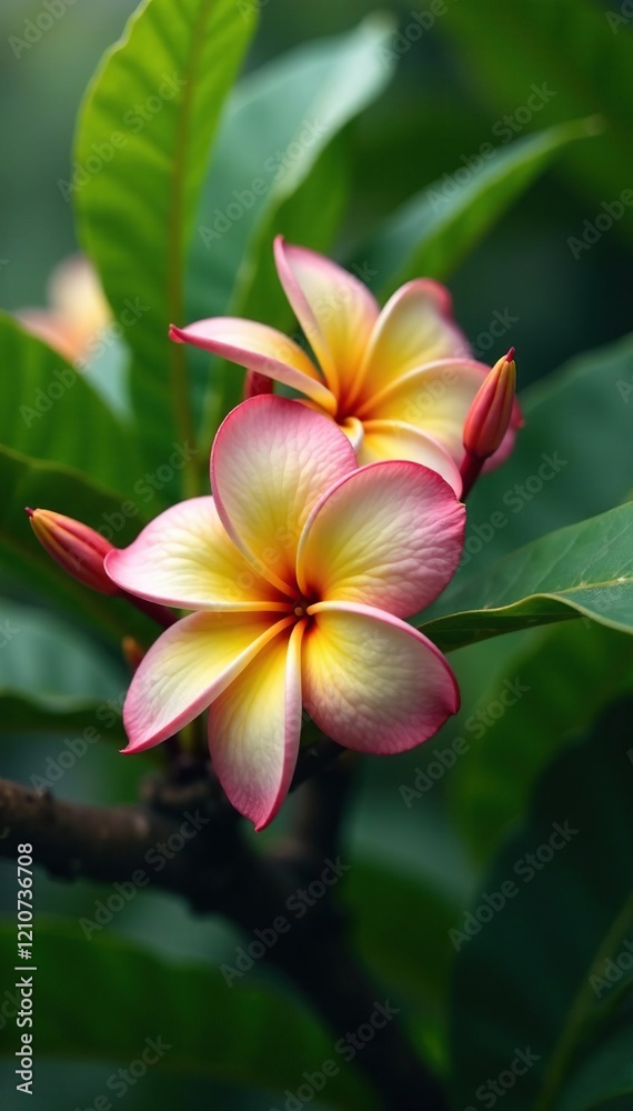 Fototapeta premium Frangipani flower in full bloom on tree branch, tropical, flowers, foliage