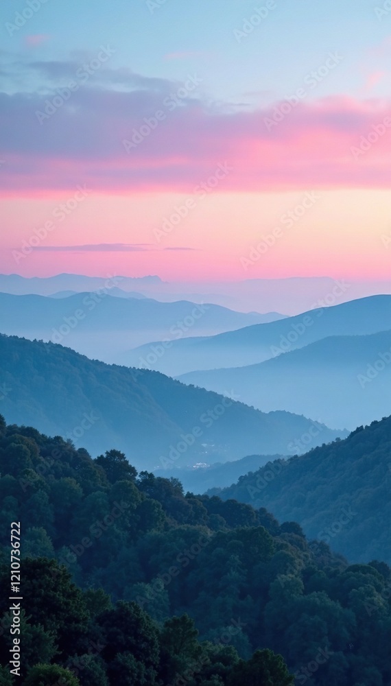 Fototapeta premium A misty evening with a gradient of light blue and pink hues over rolling hills, atmosphere, light blue