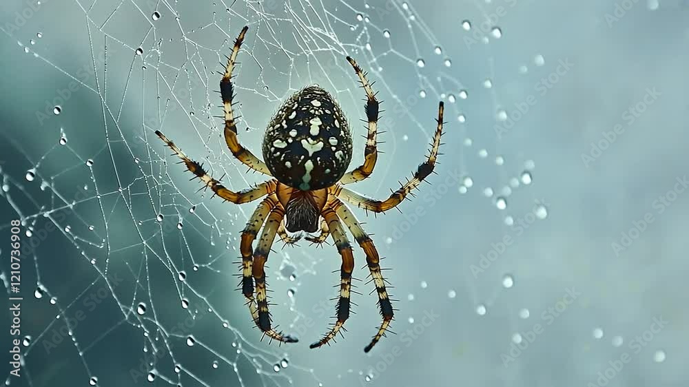 A close-up of a spider on its web with droplets of water.
