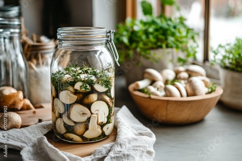 A glass jar beautifully filled with sliced mushrooms and herbs sits on a kitchen counter, next to a bowl of fresh whole mushrooms, bathed in natural light.