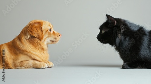 Dog, cat, studio, facing, grey, background, pet, friendship photo