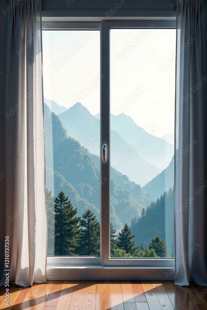 Foggy mountains through modern windows with curtains, fog, curtain, landscape Foggy mountains through modern windows with curtains, fog, curtain, landscape