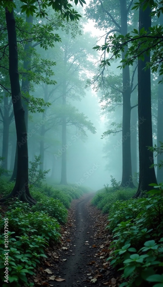 Naklejka premium A calm and quiet forest with a misty atmosphere, environment, stillness, mist