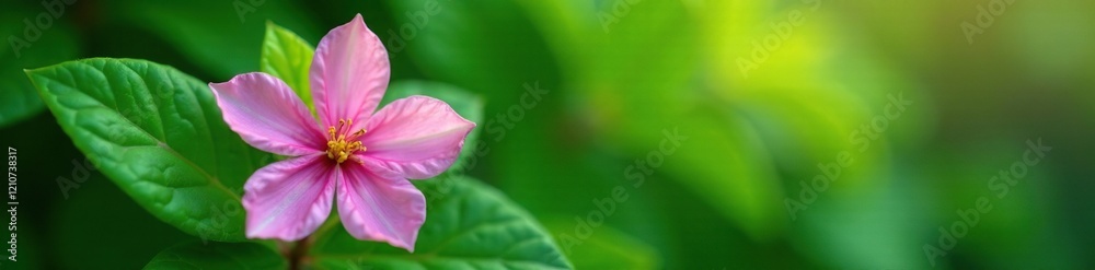 Delicate pink flower nestled among lush green leaves, petals, blossom, foliage Delicate pink flower nestled among lush green leaves, petals, blossom, foliage