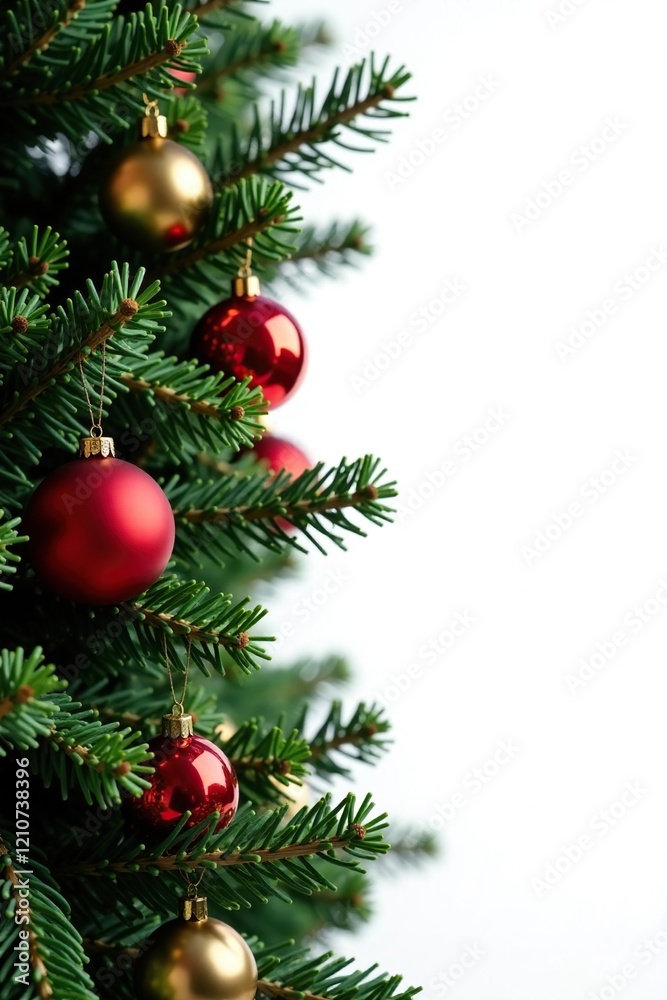 Evergreen branches with ornaments isolated on white background, festive, winter, isolated Evergreen branches with ornaments isolated on white background, festive, winter, isolated