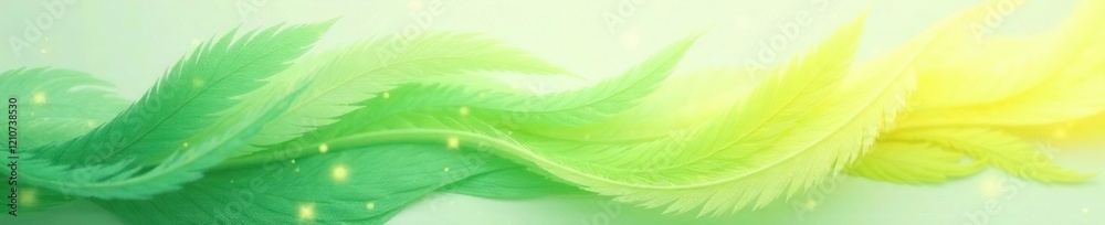 Soft, feathery brushstrokes in shades of green and yellow against a muted, grayish background, peaceful, gentle hues Soft, feathery brushstrokes in shades of green and yellow against a muted, grayish background, peaceful, gentle hues
