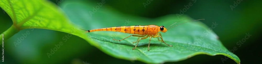 Aquatic nymph with elongated abdomen under leaf surface, aquatic life, insects in water, entomology Aquatic nymph with elongated abdomen under leaf surface, aquatic life, insects in water, entomology