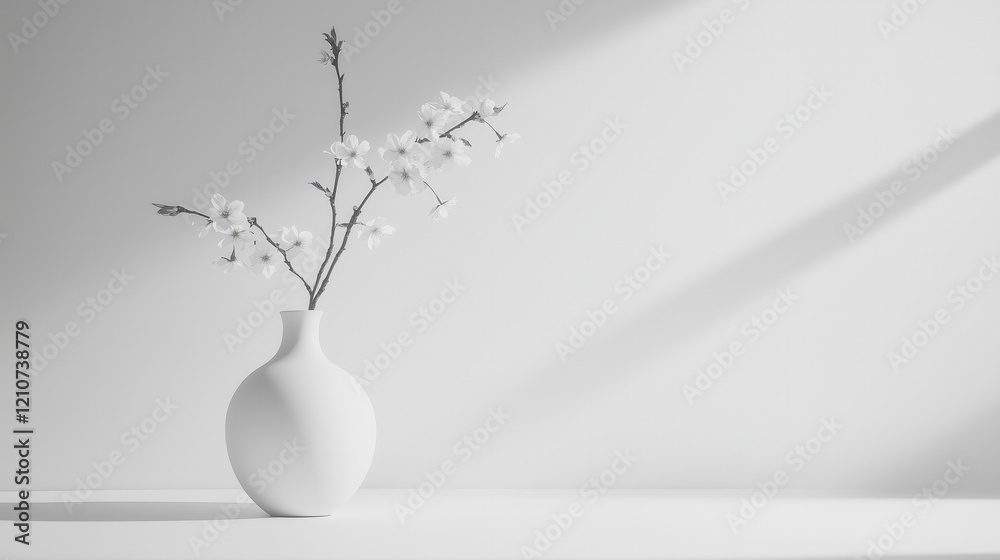 A clean white vase holds a single sprig of blooming cherry blossoms, captured in a minimalist high-key photo with ample copyspace. A clean white vase holds a single sprig of blooming cherry blossoms, captured in a minimalist high-key photo with ample copyspace.