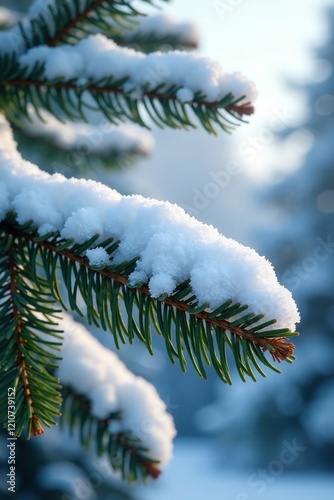 Pine branch with heavy snow accumulation and frost, branch, winter, accumulation