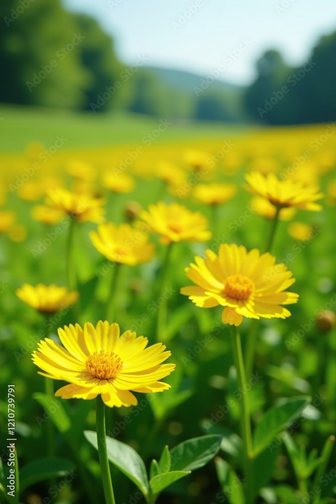 Field of bright yellow Ranunculus acris in a lush green meadow, landscape, flowers Field of bright yellow Ranunculus acris in a lush green meadow, landscape, flowers