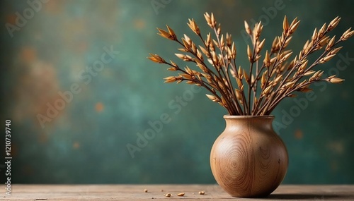 Bunched willow twigs in a rustic wooden vase against a natural backdrop, vase, twiggy