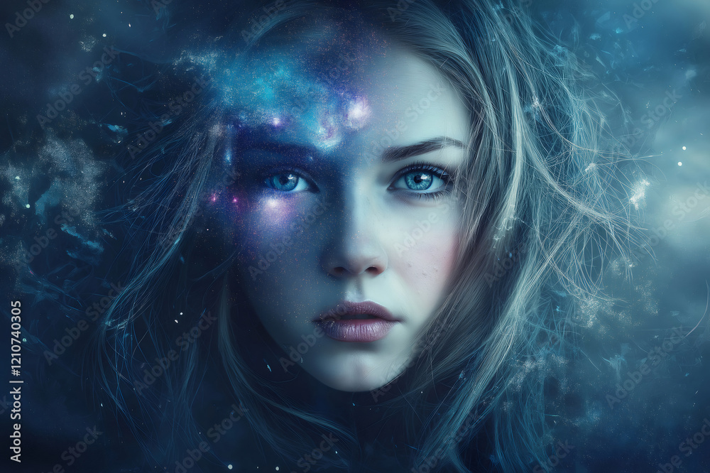 Portrait of a woman with a galaxy and nebula painted on her face, creating a cosmic and ethereal effect Portrait of a woman with a galaxy and nebula painted on her face, creating a cosmic and ethereal effect