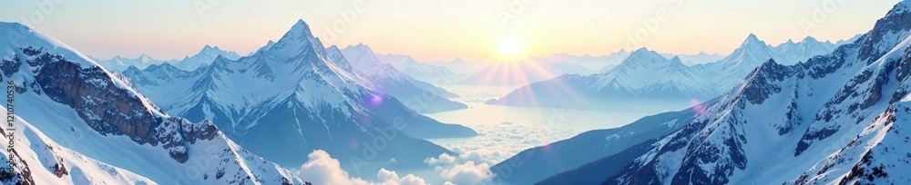 Snowy mountain range with misty valleys and sunlit peaks, expansive, wilderness Snowy mountain range with misty valleys and sunlit peaks, expansive, wilderness