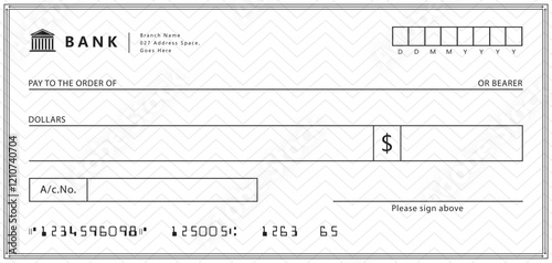Empty money cheque. Bank check. check book template with pattern and blank fields. Currency payment coupon, US dollar check background.