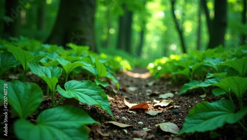 Delicate green leaves scattered on forest floor, forest, tropical, nature