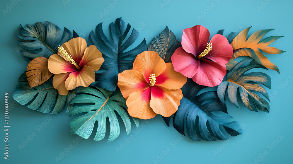 Obraz premium Lush Hibiscus and Monstera Leaves Create a Stunning Tropical Pattern