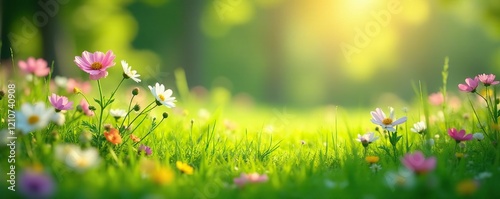 The scent of fresh cut grass fills the air amidst blooming flowers, , wildflowers