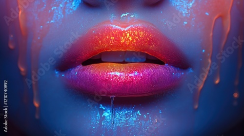 An artistic close-up of wet lips dripping with neon pink gloss, illuminated with blue highlights for a futuristic look.  .