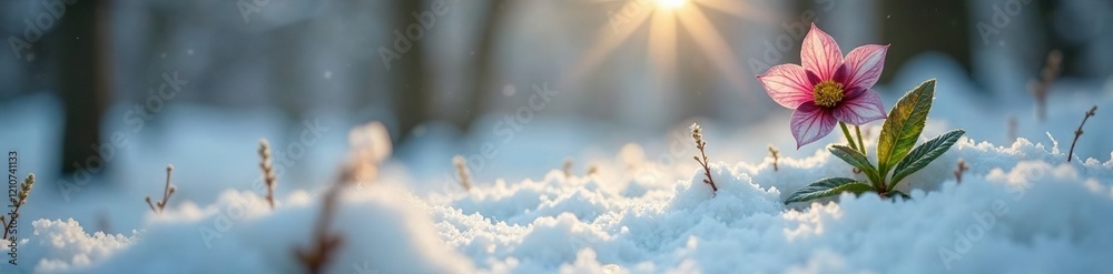 custom made wallpaper toronto digitalSingle cream-colored hellebore flower peeking from beneath a layer of snow in a frozen forest, snow, frozen foliage