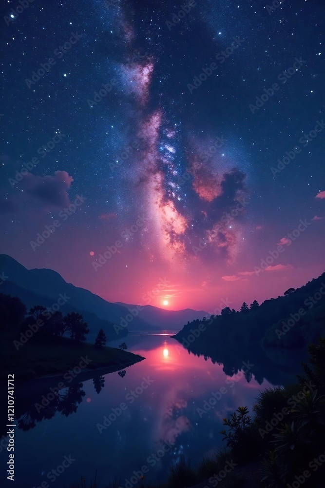 Naklejka premium Lunar light illuminates a reservoir at dusk as a Milky Way band appears in the sky, Milky Way, Horizon, Sunset