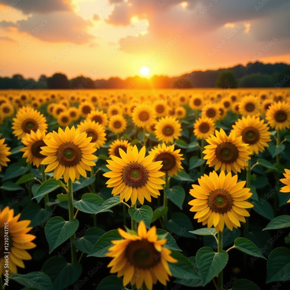 Obraz premium A sea of yellow sunflowers stretches across a golden field at sunset, yellow flowers,