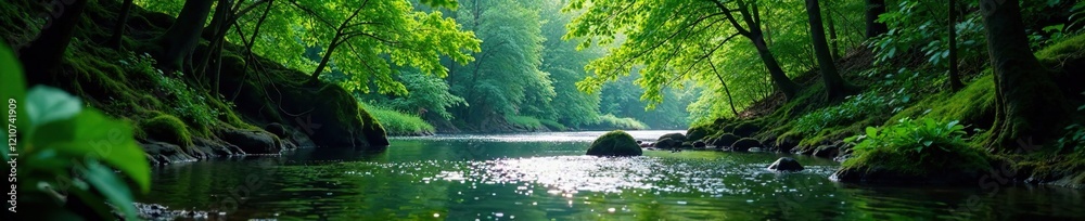 Dense foliage surrounds the river's gentle flow, water, river, forest