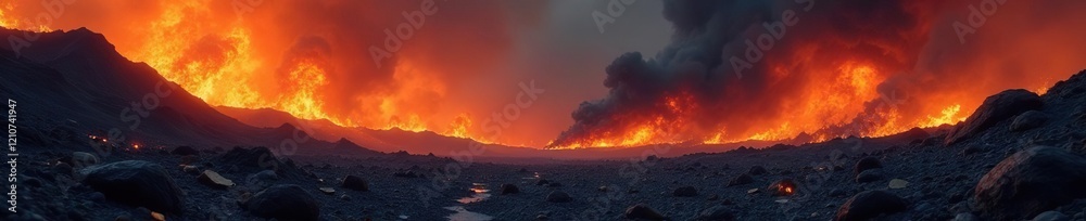 Obraz premium Inferno landscape with debris scattered across a blackened terrain, ruin, explosion