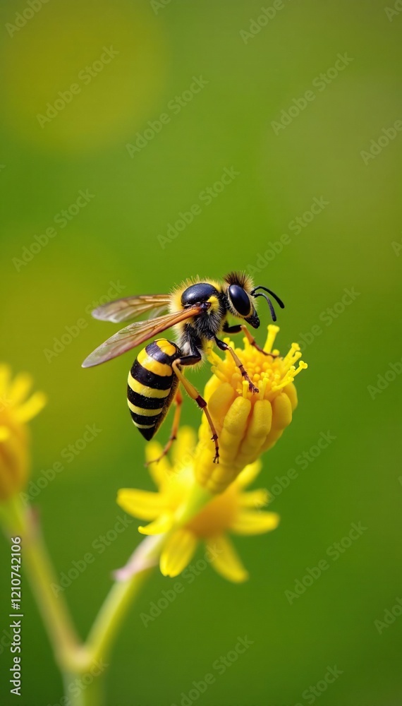 Yellow and black striped wasp on a goldenrod stem, goldenrod, nature Yellow and black striped wasp on a goldenrod stem, goldenrod, nature
