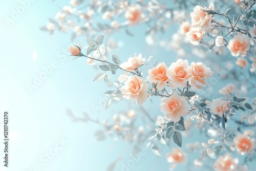 peach roses with soft blue background