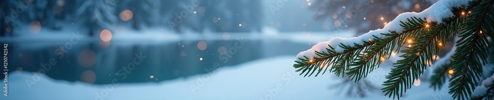 Evergreen tree branch with sparkling warm lights in snowy background, winter scenery, frozen lake Evergreen tree branch with sparkling warm lights in snowy background, winter scenery, frozen lake