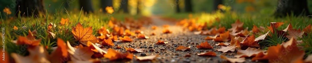 Softly scattered autumn leaves on a woodland path, natural walkway, fallen leaves, earthy terrain Softly scattered autumn leaves on a woodland path, natural walkway, fallen leaves, earthy terrain