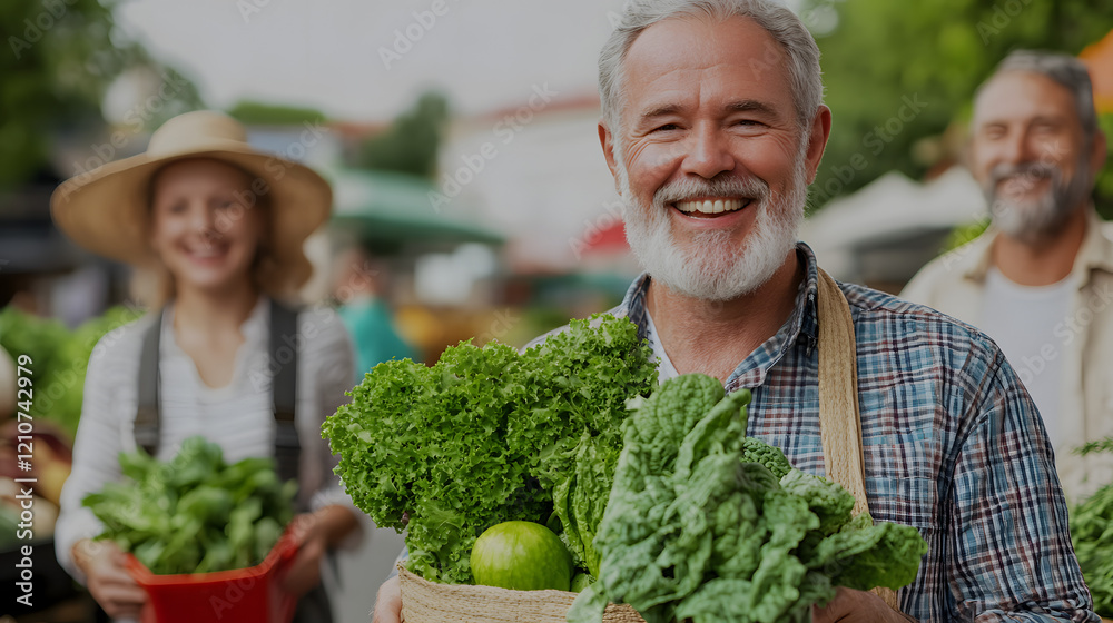 Obraz premium Senior Man Smiling with Fresh Greens at Local Organic Market