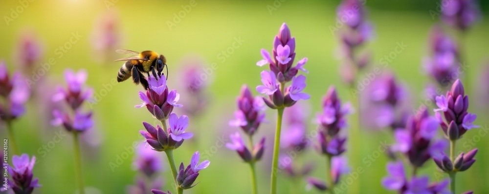 Bumblebee hovering above purple flowers in field, England, nature reserve