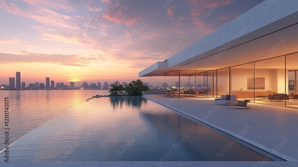 Modern waterfront mansion with infinity pool at sunset. Modern waterfront mansion with infinity pool at sunset.