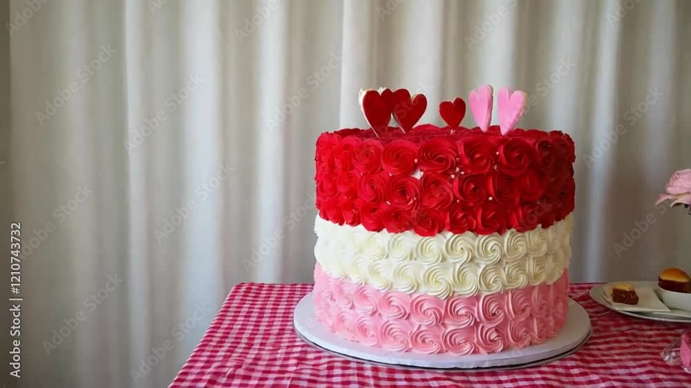 Valentines Day party table with showstopper hearts cake. Beautiful St Valentines Day party table with showstopper red, white and pink hearts double layer cake, with white chocolate frosting.