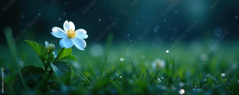 Solo jasmine blooms at night under dew drops in the grass, wildflower, quiet night Solo jasmine blooms at night under dew drops in the grass, wildflower, quiet night